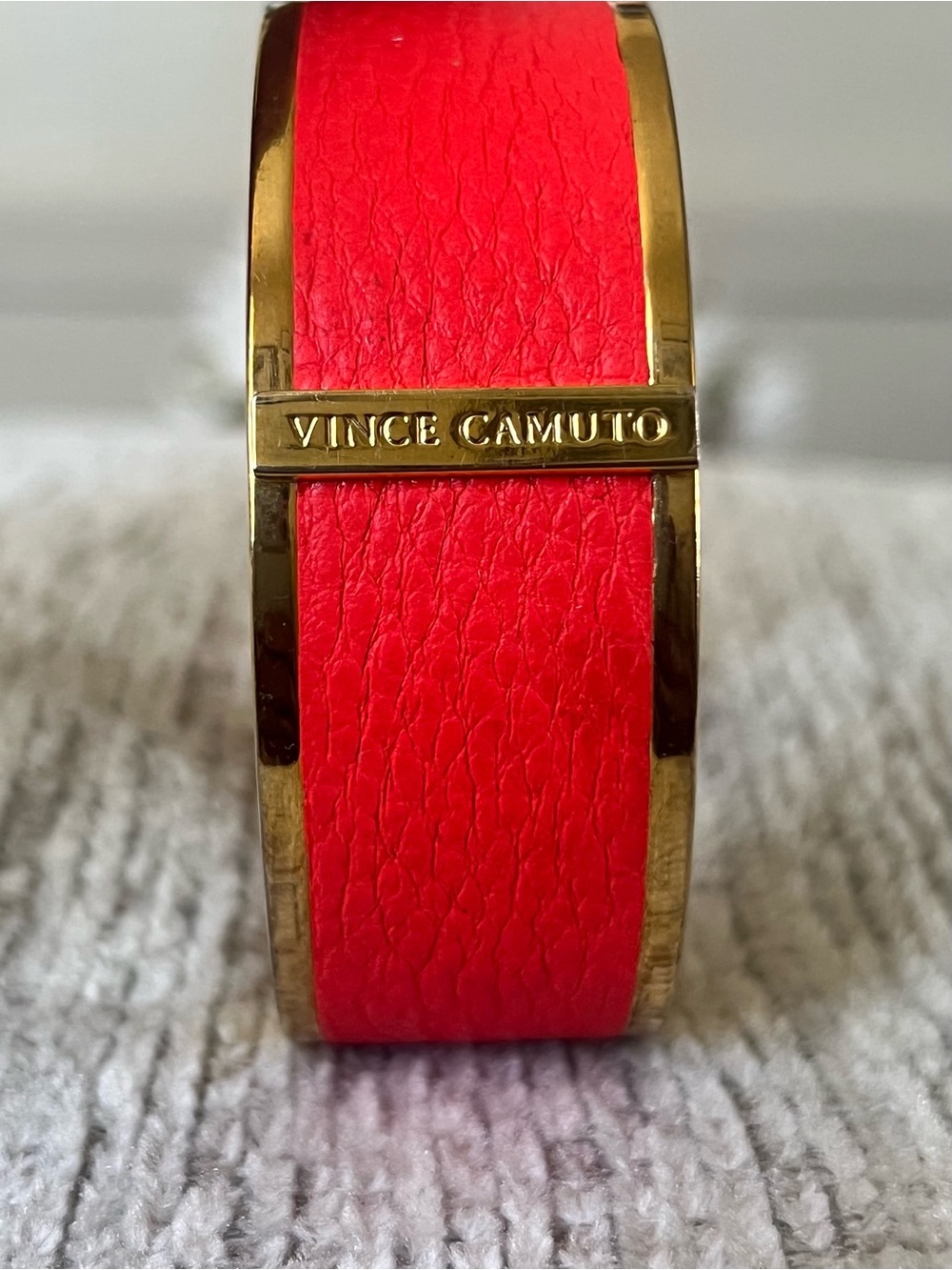 Vince Camuto Neon Coral Pink Leather Gold Tone Cuff Statement Bangle Designer